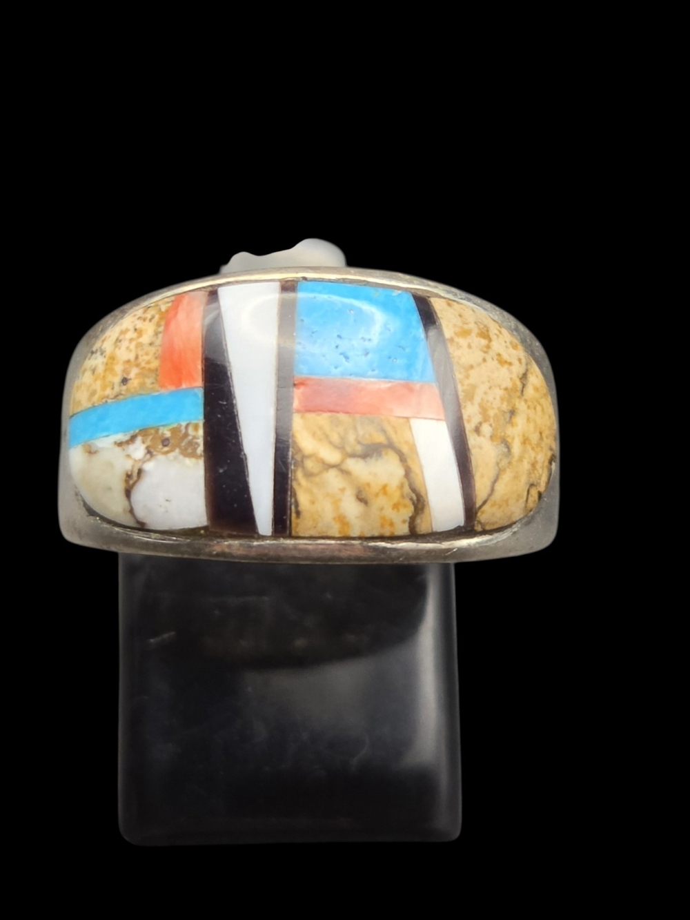 Handcrafted Inlay Statement Ring in Turquoise, Coral, White and Black